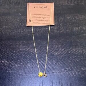 Kids I Love Softball Necklace Gold Tone Chain Charm Gift Bag